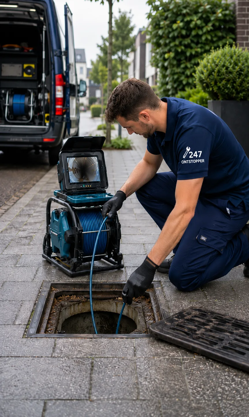 Monteur van 247Ontstopper voert een camera-inspectie uit in het riool