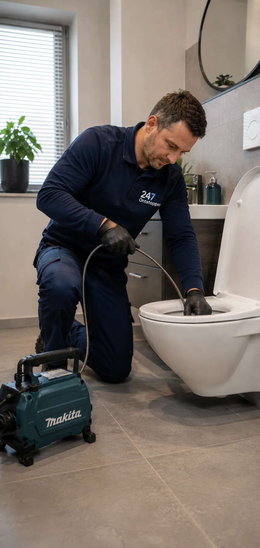Monteur van 247Ontstopper ontstopt een overlopende WC met professionele apparatuur.